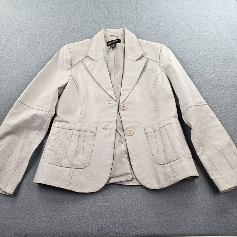 VTG Metrostyle Leather Blazer Jacket Womens 6P Cream Peak Lapel Single Breasted